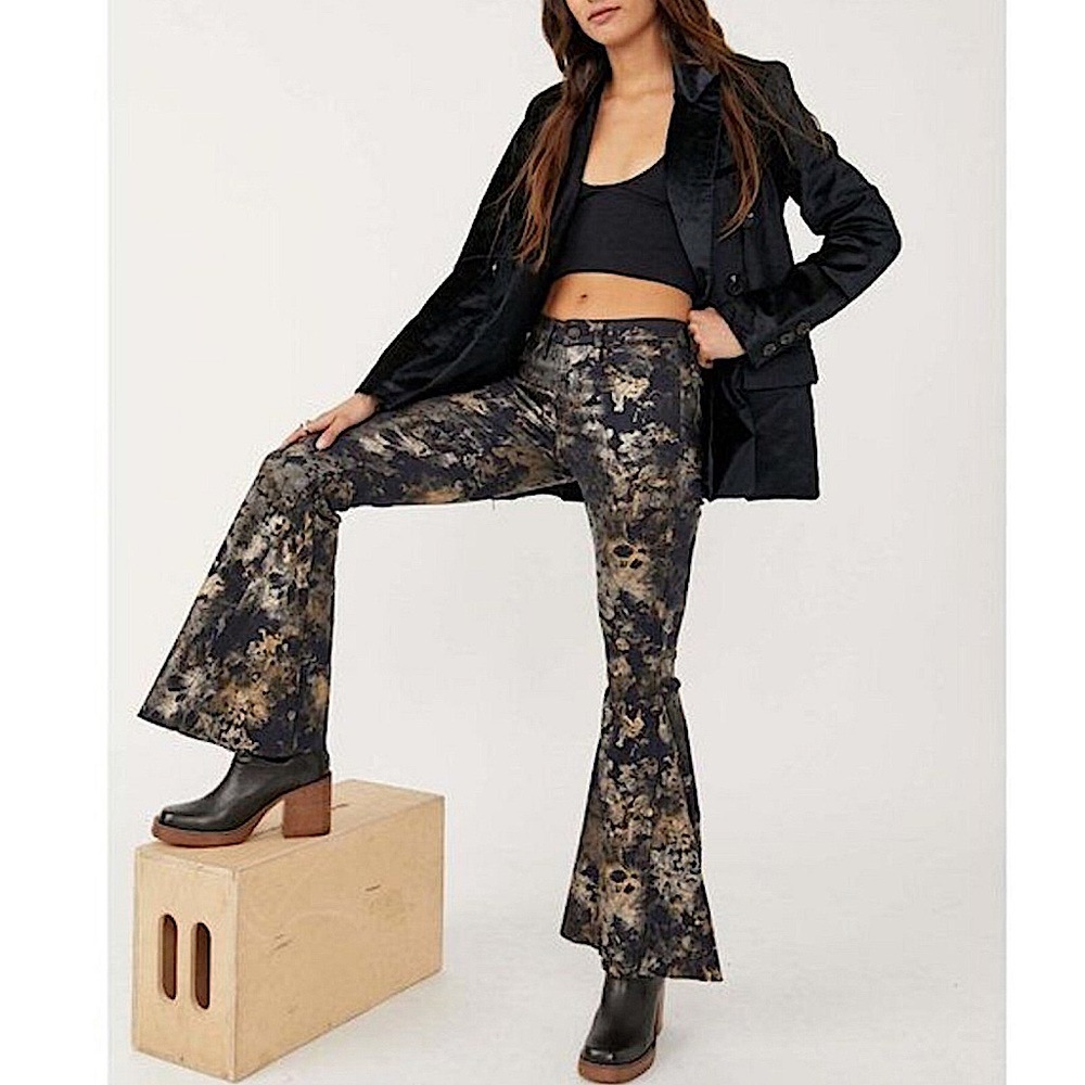 Free People Black & Taupe Tie-Dye Flare Jeans
